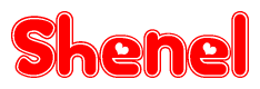 The image is a red and white graphic with the word Shenel written in a decorative script. Each letter in  is contained within its own outlined bubble-like shape. Inside each letter, there is a white heart symbol.