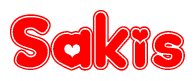 The image displays the word Sakis written in a stylized red font with hearts inside the letters.