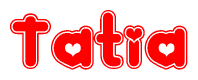 The image is a clipart featuring the word Tatia written in a stylized font with a heart shape replacing inserted into the center of each letter. The color scheme of the text and hearts is red with a light outline.