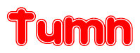 The image is a red and white graphic with the word Tumn written in a decorative script. Each letter in  is contained within its own outlined bubble-like shape. Inside each letter, there is a white heart symbol.