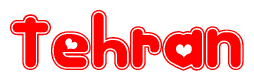 The image is a clipart featuring the word Tehran written in a stylized font with a heart shape replacing inserted into the center of each letter. The color scheme of the text and hearts is red with a light outline.