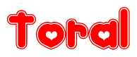The image is a clipart featuring the word Toral written in a stylized font with a heart shape replacing inserted into the center of each letter. The color scheme of the text and hearts is red with a light outline.