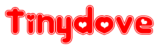 The image is a clipart featuring the word Tinydove written in a stylized font with a heart shape replacing inserted into the center of each letter. The color scheme of the text and hearts is red with a light outline.