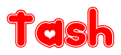The image is a red and white graphic with the word Tash written in a decorative script. Each letter in  is contained within its own outlined bubble-like shape. Inside each letter, there is a white heart symbol.