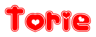 The image displays the word Torie written in a stylized red font with hearts inside the letters.