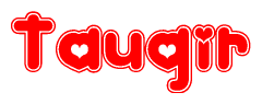 The image is a clipart featuring the word Tauqir written in a stylized font with a heart shape replacing inserted into the center of each letter. The color scheme of the text and hearts is red with a light outline.