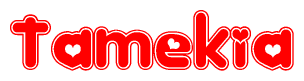 The image is a clipart featuring the word Tamekia written in a stylized font with a heart shape replacing inserted into the center of each letter. The color scheme of the text and hearts is red with a light outline.