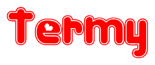 The image is a red and white graphic with the word Termy written in a decorative script. Each letter in  is contained within its own outlined bubble-like shape. Inside each letter, there is a white heart symbol.