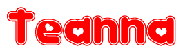 The image is a clipart featuring the word Teanna written in a stylized font with a heart shape replacing inserted into the center of each letter. The color scheme of the text and hearts is red with a light outline.