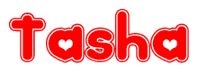 The image is a clipart featuring the word Tasha written in a stylized font with a heart shape replacing inserted into the center of each letter. The color scheme of the text and hearts is red with a light outline.