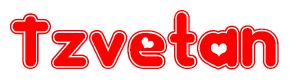 The image is a clipart featuring the word Tzvetan written in a stylized font with a heart shape replacing inserted into the center of each letter. The color scheme of the text and hearts is red with a light outline.