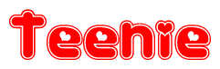 The image displays the word Teenie written in a stylized red font with hearts inside the letters.