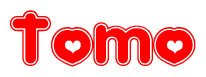 The image is a red and white graphic with the word Tomo written in a decorative script. Each letter in  is contained within its own outlined bubble-like shape. Inside each letter, there is a white heart symbol.