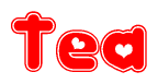 The image is a red and white graphic with the word Tea written in a decorative script. Each letter in  is contained within its own outlined bubble-like shape. Inside each letter, there is a white heart symbol.