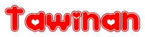 The image is a clipart featuring the word Tawinan written in a stylized font with a heart shape replacing inserted into the center of each letter. The color scheme of the text and hearts is red with a light outline.
