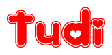 The image is a clipart featuring the word Tudi written in a stylized font with a heart shape replacing inserted into the center of each letter. The color scheme of the text and hearts is red with a light outline.