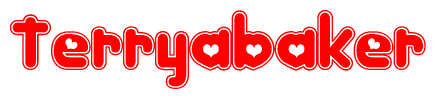 The image is a red and white graphic with the word Terryabaker written in a decorative script. Each letter in  is contained within its own outlined bubble-like shape. Inside each letter, there is a white heart symbol.