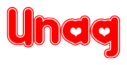 The image is a clipart featuring the word Unaq written in a stylized font with a heart shape replacing inserted into the center of each letter. The color scheme of the text and hearts is red with a light outline.