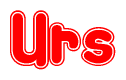 The image is a red and white graphic with the word Urs written in a decorative script. Each letter in  is contained within its own outlined bubble-like shape. Inside each letter, there is a white heart symbol.