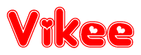 The image displays the word Vikee written in a stylized red font with hearts inside the letters.