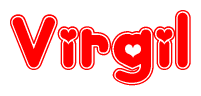 The image is a red and white graphic with the word Virgil written in a decorative script. Each letter in  is contained within its own outlined bubble-like shape. Inside each letter, there is a white heart symbol.