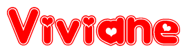 The image is a red and white graphic with the word Viviane written in a decorative script. Each letter in  is contained within its own outlined bubble-like shape. Inside each letter, there is a white heart symbol.