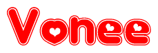 The image is a red and white graphic with the word Vonee written in a decorative script. Each letter in  is contained within its own outlined bubble-like shape. Inside each letter, there is a white heart symbol.