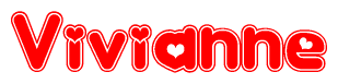 The image is a red and white graphic with the word Vivianne written in a decorative script. Each letter in  is contained within its own outlined bubble-like shape. Inside each letter, there is a white heart symbol.