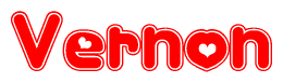 The image is a clipart featuring the word Vernon written in a stylized font with a heart shape replacing inserted into the center of each letter. The color scheme of the text and hearts is red with a light outline.