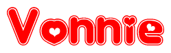 The image is a red and white graphic with the word Vonnie written in a decorative script. Each letter in  is contained within its own outlined bubble-like shape. Inside each letter, there is a white heart symbol.