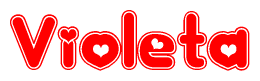 The image is a red and white graphic with the word Violeta written in a decorative script. Each letter in  is contained within its own outlined bubble-like shape. Inside each letter, there is a white heart symbol.
