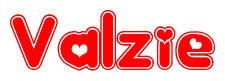 The image displays the word Valzie written in a stylized red font with hearts inside the letters.