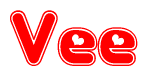 The image is a red and white graphic with the word Vee written in a decorative script. Each letter in  is contained within its own outlined bubble-like shape. Inside each letter, there is a white heart symbol.