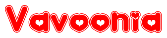The image is a red and white graphic with the word Vavoonia written in a decorative script. Each letter in  is contained within its own outlined bubble-like shape. Inside each letter, there is a white heart symbol.