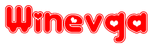 The image is a red and white graphic with the word Winevqa written in a decorative script. Each letter in  is contained within its own outlined bubble-like shape. Inside each letter, there is a white heart symbol.