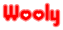 The image is a red and white graphic with the word Wooly written in a decorative script. Each letter in  is contained within its own outlined bubble-like shape. Inside each letter, there is a white heart symbol.