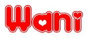  The image is a red and white graphic with the word Wani written in a decorative script. Each letter in  is contained within its own outlined bubble-like shape. Inside each letter, there is a white heart symbol. 