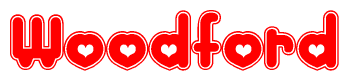 The image is a clipart featuring the word Woodford written in a stylized font with a heart shape replacing inserted into the center of each letter. The color scheme of the text and hearts is red with a light outline.