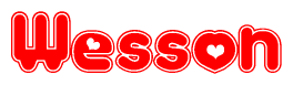 The image is a red and white graphic with the word Wesson written in a decorative script. Each letter in  is contained within its own outlined bubble-like shape. Inside each letter, there is a white heart symbol.