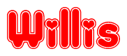 The image is a clipart featuring the word Willis written in a stylized font with a heart shape replacing inserted into the center of each letter. The color scheme of the text and hearts is red with a light outline.