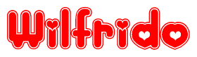 The image is a red and white graphic with the word Wilfrido written in a decorative script. Each letter in  is contained within its own outlined bubble-like shape. Inside each letter, there is a white heart symbol.