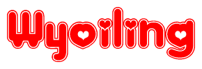 The image is a red and white graphic with the word Wyoiling written in a decorative script. Each letter in  is contained within its own outlined bubble-like shape. Inside each letter, there is a white heart symbol.
