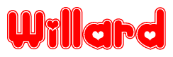 The image is a red and white graphic with the word Willard written in a decorative script. Each letter in  is contained within its own outlined bubble-like shape. Inside each letter, there is a white heart symbol.