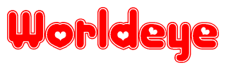 The image displays the word Worldeye written in a stylized red font with hearts inside the letters.