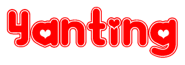 The image is a red and white graphic with the word Yanting written in a decorative script. Each letter in  is contained within its own outlined bubble-like shape. Inside each letter, there is a white heart symbol.