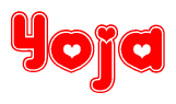 The image displays the word Yoja written in a stylized red font with hearts inside the letters.
