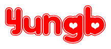 The image is a red and white graphic with the word Yungb written in a decorative script. Each letter in  is contained within its own outlined bubble-like shape. Inside each letter, there is a white heart symbol.