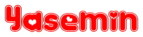 The image is a clipart featuring the word Yasemin written in a stylized font with a heart shape replacing inserted into the center of each letter. The color scheme of the text and hearts is red with a light outline.