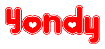 The image displays the word Yondy written in a stylized red font with hearts inside the letters.