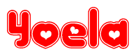 The image displays the word Yoela written in a stylized red font with hearts inside the letters.